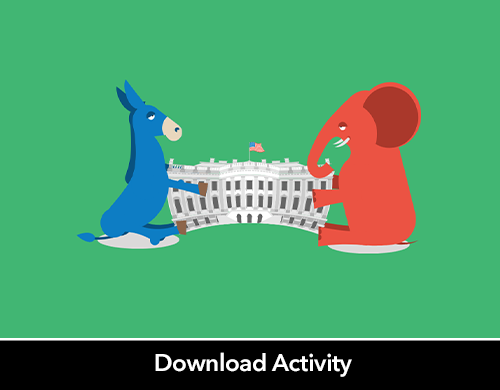 Blue donkey holds one end of the White House while red elephant holds the other end of the White House