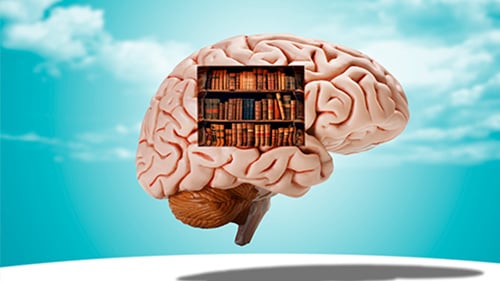 Brain image with image of a case of books laid over it