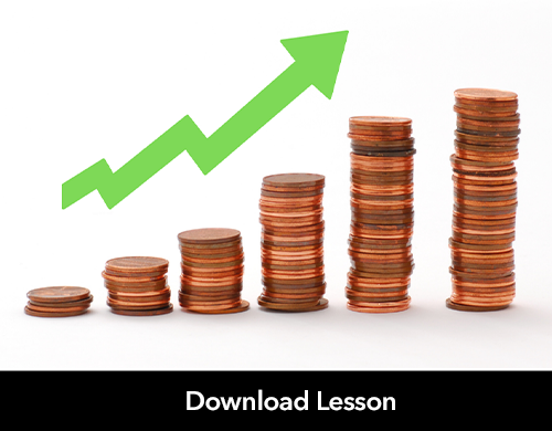 stacks of pennies in increasing amounts. A green arrow goes up above them. Black box with white text inside reads 