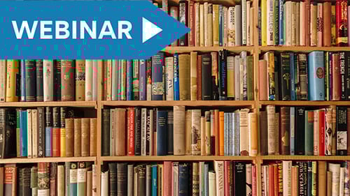 Shelves full of literature. Text overlay identifies this post as a webinar. 